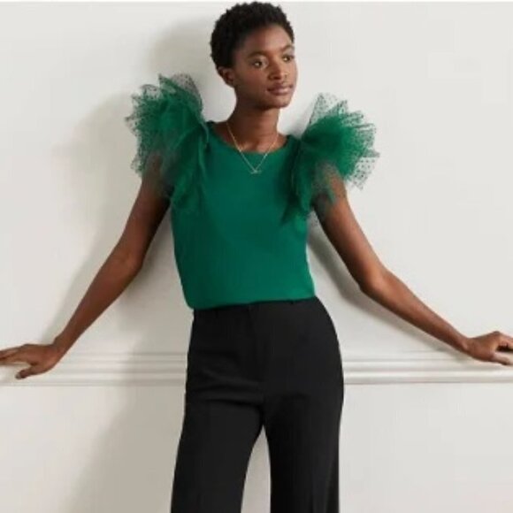 Boden Tops - NWT Boden Polka Dot Tulle Statement Shoulder Ruffle Jersey Forest Green US4